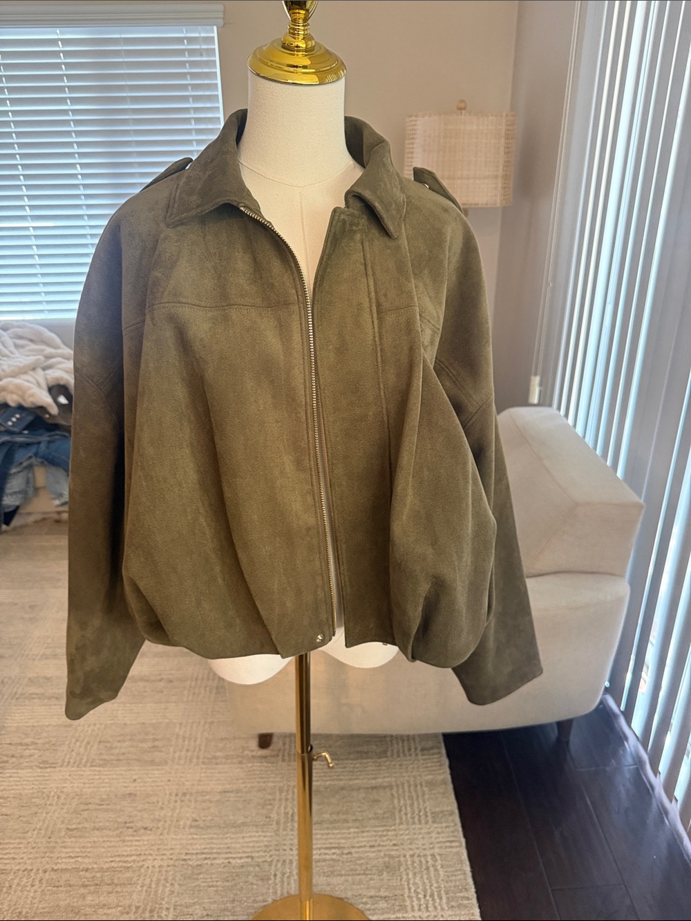 Zara Olive Green Suede Bomber Jacket - Picture 1 of 2